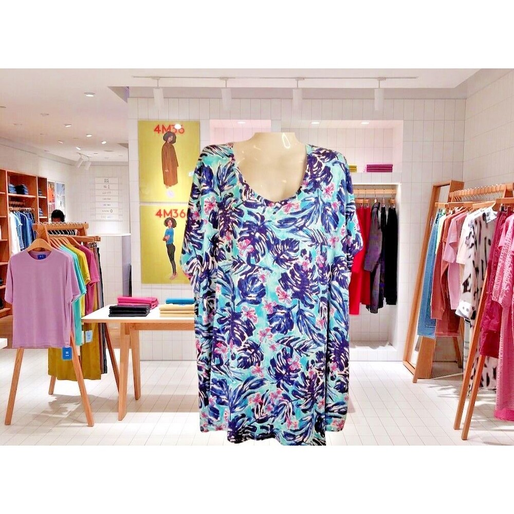 Women's Tunic Top Tropical Design Studded Palm Grove V-Neck Short Sleeve Size 3X